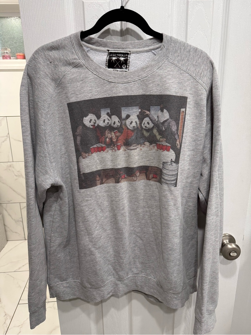 riot society Gray Crewneck Sweater with Panda Party Graphic